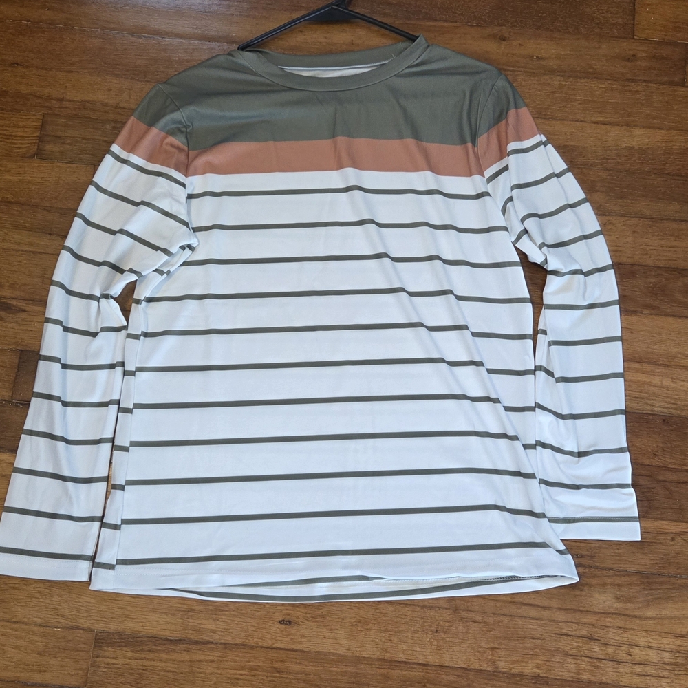 Elegant Striped Long Sleeve Top - Olive, Coral, and White